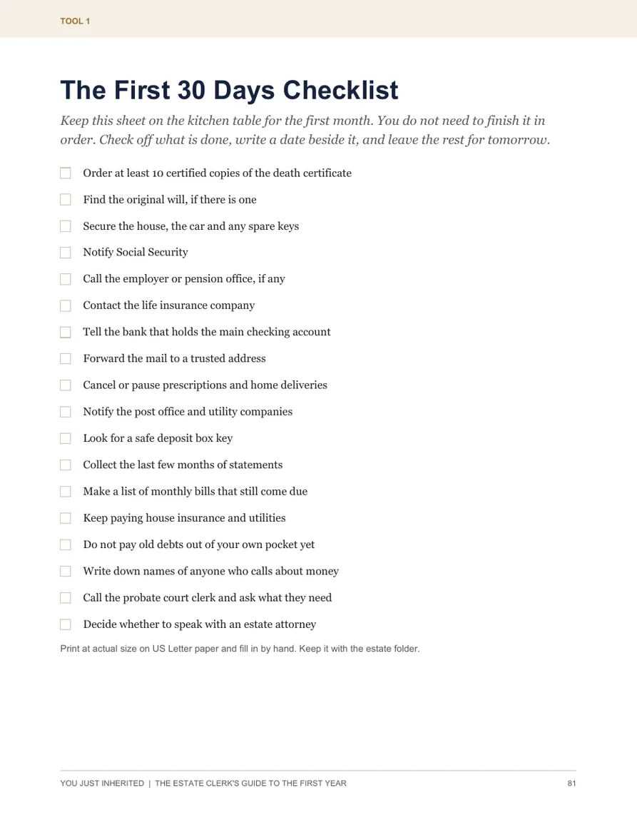Actual page: The First 30 Days Checklist